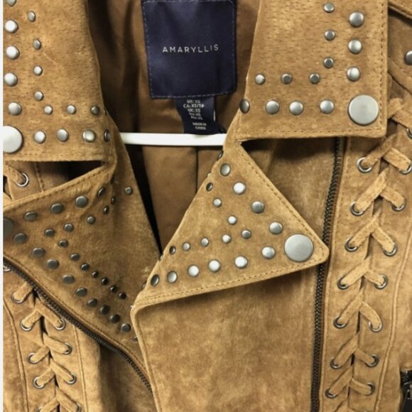 NWT AMARYLLIS Women's Suede Leather Studded Moto/Biker Jacket Brown sz XS - Picture 3 of 4